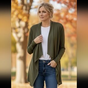 Mossimo Women Stretchy Waterfall Open Olive Green Cardigan Sz Large Long Sleeve